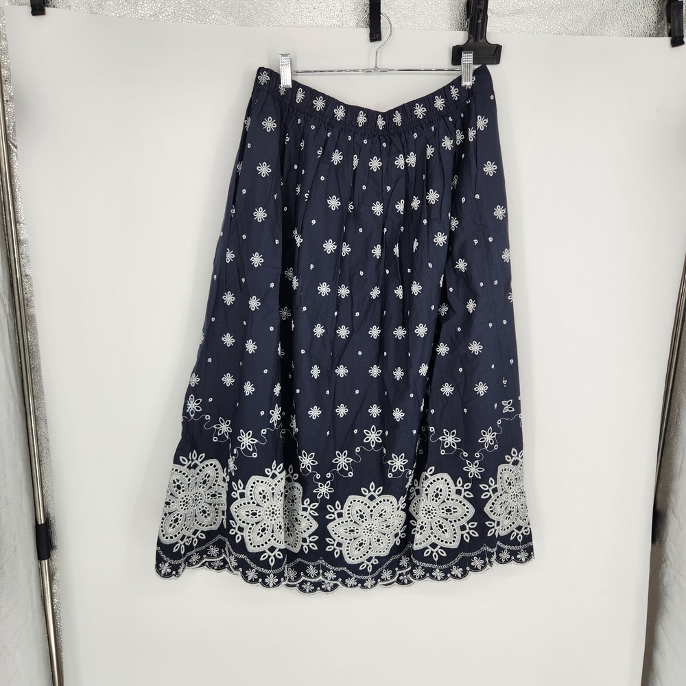 Boden Verity Broderie Poplin Skirt Navy Blue US 10 Midi Cotton R0914 NWT - Picture 2 of 9